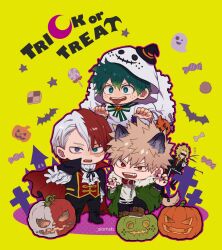  4boys all_might animal_ears arms_up ascot bakugou_katsuki bat_(animal) belt_buckle belt_collar black_cape black_pants blonde_hair blue_eyes boku_no_hero_academia boots bow brown_boots brown_eyes buckle candy cape coat collar commentary english_commentary english_text food freckles fur-trimmed_collar fur_trim ghost ghost_costume green_coat green_eyes halloween_costume hat heterochromia highres hood hood_up jack-o'-lantern kemonomimi_mode lollipop midoriya_izuku mini_hat mini_witch_hat multicolored_hair multiple_boys official_alternate_costume open_mouth pants parted_bangs red_cape red_collar red_eyes red_hair salt_-_siomsb sharp_teeth shirt split-color_hair standing swirl_lollipop teeth todoroki_shoto tombstone tongue tongue_out torn_clothes trick_or_treat two-sided_cape two-sided_fabric v-shaped_eyebrows vampire werewolf white_ascot white_fur white_hair white_shirt witch_hat wolf_boy wolf_ears yellow_background 