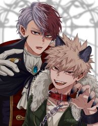  2boys animal_ears ascot bakugou_katsuki belt_collar black_cape blonde_hair blood blood_on_mouth blue_eyes boku_no_hero_academia brown_eyes burn_scar cape chain collar commentary_request fingernails fur-trimmed_collar fur_trim gloves green_jacket hair_between_eyes halloween_costume heterochromia highres jacket kemonomimi_mode looking_at_viewer male_focus multicolored_hair multiple_boys mystical_high_collar official_alternate_costume open_clothes open_jacket parted_hair pointy_ears red_cape red_collar red_eyes red_hair salt_-_siomsb scar scar_on_face sharp_fingernails sharp_teeth short_hair smile spiky_hair split-color_hair teeth todoroki_shoto two-sided_cape two-sided_fabric upper_body vampire werewolf white_ascot white_fur white_gloves white_hair wolf_boy wolf_ears 