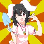  1girl :d animal_ears bangs black_hair blush breasts bwell carrot_necklace commentary_request dress floppy_ears frilled_sleeves frills hair_between_eyes holding inaba_tewi looking_at_viewer one_eye_closed open_mouth orange_background pink_dress pointing pointing_at_self puffy_short_sleeves puffy_sleeves rabbit_ears rabbit_girl red_eyes short_hair short_sleeves small_breasts smile solo sunburst touhou trowel two-tone_background upper_body yellow_background 