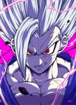  1boy dragon_ball dragon_ball_super dragon_ball_super_super_hero electricity gohan_beast grey_hair grin liedein looking_at_viewer male_focus red_eyes smile solo son_gohan spiky_hair spoilers upper_body white_hair 