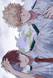  2boys bakugou_katsuki blonde_hair blue_eyes boku_no_hero_academia brown_eyes burn_scar closed_mouth collared_shirt commentary_request flower frown hand_in_own_hair heterochromia highres leaf looking_at_viewer looking_to_the_side male_focus multicolored_hair multiple_boys necktie open_collar outdoors plant red_hair red_necktie salt_-_siomsb scar scar_on_face school_uniform shirt side-by-side sideways sideways_glance spiky_hair split-color_hair todoroki_shoto wet wet_clothes wet_hair white_hair white_shirt wing_collar 