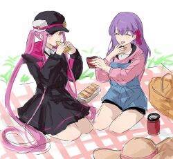  2girls belt black_dress black_hat black_necktie blue_overalls brown_hat closed_eyes collared_shirt cup dress eating fate/grand_order fate_(series) food full_body fur-trimmed_headwear fur_trim grass hair_between_eyes hair_ribbon hands_up happy hat hat_belt highres holding holding_cup holding_food holding_sandwich hood hoodie laughing long_hair long_sleeves looking_at_food matou_sakura medusa_(fate) medusa_(saber)_(fate) multiple_girls necktie nekwnek o-ring o-ring_belt open_mouth overalls peaked_cap picnic picnic_basket picnic_blanket pink_belt pink_dress pink_eyes pink_hair pink_hoodie pink_ribbon puffy_long_sleeves puffy_sleeves purple_hair ribbon sandwich seiza shirt sidelocks simple_background sitting smile sun_hat thermos twintails two-sided_dress two-sided_fabric unworn_hat unworn_headwear very_long_hair wavy_hair white_background white_shirt 