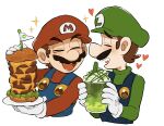  2boys blue_overalls brothers brown_hair burger closed_eyes cropped_torso facial_hair flag food gloves green_headwear green_shirt heart highres holding holding_food long_sleeves luigi male_focus mario mimimi_(mimimim9999) multiple_boys mustache open_mouth overalls red_headwear red_shirt saliva saliva_trail shirt short_hair siblings simple_background smile star_(symbol) super_mario_bros. symbol-only_commentary white_background white_gloves 
