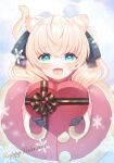  1girl :3 :d absurdres animal_ear_fluff animal_ears bangs blonde_hair blue_eyes blush box cat_ears cat_girl cat_tail dress fang from_above fur-trimmed_dress fur_trim gloves hair_ribbon happy_valentine heart-shaped_box highres holding holding_box long_hair long_sleeves looking_at_viewer lushuao open_mouth original pom_pom_(clothes) ribbon skin_fang smile snowflakes snowing solo tail twintails valentine 