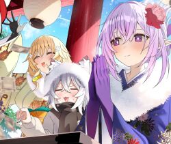  3girls aglaea_(honkai:_star_rail) alternate_costume alternate_hairstyle animal_ears black_gloves blue_sky box bright_pupils castorice_(honkai:_star_rail) cat_ears cat_girl cipher_(honkai:_star_rail) closed_mouth coin commentary donation_box floral_print flower fur-trimmed_kimono fur_trim gloves grey_hair hair_flower hair_ornament hatsumoude holding holding_coin honkai:_star_rail honkai_(series) japanese_clothes kimono lantern long_sleeves multiple_girls new_year nidaime_(doronbo) outdoors palms_together paper_lantern pointy_ears praying purple_gloves purple_hair shrine sky untranslatable_commentary violet_eyes white_pupils wide_sleeves 