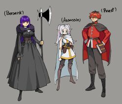  1boy 2girls absurdres axe belt belt_buckle book boots brown_belt brown_boots buckle cape corset cross-laced_clothes cross-laced_corset dagger elf fern_(sousou_no_frieren) frieren fur_collar green_eyes grey_background grey_cape highres holding holding_axe holding_weapon knife long_hair matheus_felipe multiple_girls pants pointy_ears priest purple_hair red_cape red_eyes red_hair scabbard sheath short_hair simple_background sousou_no_frieren stark_(sousou_no_frieren) twintails violet_eyes weapon white_cape white_hair 