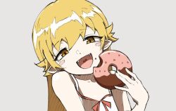 1girl bare_shoulders blonde_hair blush_stickers commentary_request doughnut eating fangs food kanisoboro_png long_hair monogatari_(series) oshino_shinobu simple_background solo white_background yellow_eyes 