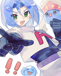  ! !! 1boy :d baiye785 belt black_gloves blue_hair chinese_commentary commentary_request curtained_hair eyes_visible_through_hair gloves green_eyes hair_between_eyes highres inkay james_(pokemon) layered_sleeves long_sleeves male_focus open_mouth pants pointing pointing_at_viewer pokemon pokemon_(anime) pokemon_(classic_anime) pokemon_(creature) purple_belt shirt short_hair short_over_long_sleeves short_sleeves smile team_rocket team_rocket_uniform tsurime v-shaped_eyebrows white_background white_pants white_shirt wobbuffet 