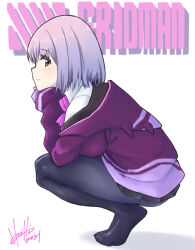  1girl absurdres black_skirt bow bowtie breasts collared_shirt commentary copyright_name dress_shirt grey_pantyhose gridman_universe head_rest highres hori_shin jacket jacket_partially_removed large_breasts looking_at_viewer pantyhose pink_bow pink_bowtie pleated_skirt purple_hair purple_jacket red_eyes shinjou_akane shirt shoes short_hair signature simple_background skirt solo squatting ssss.gridman white_background white_shirt 