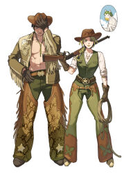  1boy 2girls boots commentary cowboy cowboy_boots cowboy_hat cowboy_shot cowboy_western cowgirl_(western) english_commentary father_and_child father_and_daughter foo_fighters_(jojo) hat highres horse_girl jojo_no_kimyou_na_bouken kujo_jolyne kujo_jotaro moonnacorn multiple_girls parent_and_child steel_ball_run stone_ocean topless_male 