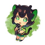  +_+ 1boy animal_ears black_gloves black_hair blush cat_boy cat_ears cat_tail chibi fingerless_gloves gloves green_eyes highres jewelry luoxiaohei microphone necklace okay_okayu open_mouth shadow shirt short_hair short_sleeves shorts solo tail the_legend_of_luo_xiaohei white_shirt 