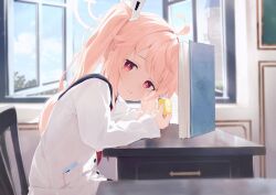  after-school_sweets_club_(blue_archive) ahoge blue_archive chair commentary_request eating halo kuchisode looking_at_viewer natsu_(blue_archive) on_chair pink_hair pink_halo red_eyes side_ponytail 