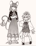  2girls alternate_height animal_ears bangs basket belt black_belt black_ribbon capelet crossed_arms crystal dress grey_dress grey_hair highres jewelry layered_clothes long_dress mouse_ears mouse_girl mouse_tail multicolored_hair multiple_girls nazrin neck_ribbon pendant ribbon sandals shikido_(khf) shoes short_dress short_hair simple_background size_difference socks streaked_hair tail toramaru_shou touhou two-tone_hair white_background white_capelet 