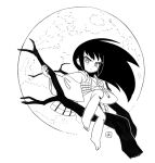  1girl bangs barefoot black_hair closed_mouth flute full_body full_moon holding holding_instrument in_tree instrument japanese_clothes kimono long_hair looking_at_viewer mawaru_(mawaru) monochrome moon obi original sash simple_background sitting sitting_in_tree solo toes tree v-shaped_eyebrows white_background white_eyes white_kimono 