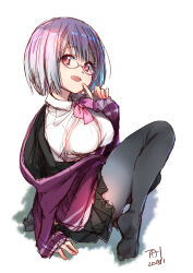  1girl black_skirt bow bowtie breasts collared_shirt commentary dated finger_to_cheek full_body grey_pantyhose gridman_universe hand_up highres index_finger_raised jacket large_breasts long_sleeves looking_at_viewer nakashima_tai open_mouth pantyhose partially_unzipped pink-framed_eyewear pleated_skirt purple_bow purple_bowtie purple_hair purple_jacket red_eyes school_uniform shinjou_akane shirt shoes short_hair signature sitting skirt sleeves_past_wrists smile solo ssss.gridman wariza white_background white_shirt 