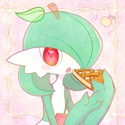  1girl :o apple apple_pie apple_print blush blush_stickers bob_cut colored_skin commentary_request eating flat_chest food food_print fruit fruit_print gardevoir green_hair green_skin hair_over_one_eye hands_up heart heart_in_eye holding holding_food leaf looking_at_viewer multicolored_skin one_eye_covered open_mouth outline pie pie_slice pink_background pink_outline pokemon pokemon_(creature) red_eyes short_hair solo star_(symbol) symbol_in_eye two-tone_skin upper_body white_outline white_skin yuri_(fl0werspace) 