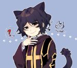  1boy ? animal_ears black_eyes black_nails cat cat_boy cat_ears cat_tail chinese_commentary closed_mouth commentary_request long_sleeves male_focus paw_print purple_hair purple_tail romaji_text rostina-pason saibou_shinkyoku short_hair smile solo spoken_question_mark stole tail utsugi_noriyuki wide_sleeves yellow_pupils 