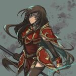  1girl altena_(fire_emblem) armor black_legwear brown_eyes brown_hair dress fire_emblem fire_emblem:_genealogy_of_the_holy_war floating_hair hairband head_tilt highres holding holding_polearm holding_weapon long_hair looking_at_viewer polearm red_dress solo sorakaza thigh-highs twitter_username very_long_hair weapon white_hairband 