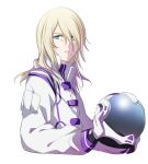  1boy amemiya_reiji blonde_hair blue_eyes coat cota hair_over_one_eye headwear_removed helmet helmet_removed long_hair looking_at_viewer megaton_musashi solo upper_body white_coat 