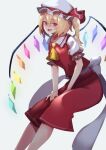  1girl ascot bangs blonde_hair crystal feet_out_of_frame flandre_day flandre_scarlet hat looking_at_viewer mob_cap one_side_up red_eyes red_skirt red_vest shirt short_hair simple_background skirt solo tohoyuukarin touhou vest white_background white_headwear white_shirt wings yellow_ascot 