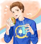  1boy atom bishounen blue_shirt bread brown_eyes brown_hair commentary cup disposable_cup drink drinking_straw fast_food food holding holding_cup long_sleeves looking_at_viewer male_focus marvel open_mouth peter_parker peyo_han shirt short_hair simple_background solo spider-man_(series) teeth tomato wrapper 