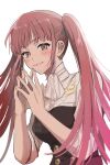  1girl ascot ayuppe bangs blush breasts closed_mouth fire_emblem fire_emblem:_three_houses garreg_mach_monastery_uniform hands_up highres hilda_valentine_goneril large_breasts lips long_hair looking_at_viewer own_hands_together pink_eyes pink_hair shirt simple_background sleeves_rolled_up smile solo twintails upper_body white_background white_shirt 