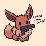  :3 advos animal_focus eevee english_commentary full_body gun handgun highres mouth_hold no_humans pokemon pokemon_(creature) simple_background solid_oval_eyes spanish_text tan_background weapon weapon_request 