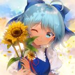  1girl ahoge bangs blue_bow blue_dress blue_eyes blue_hair blue_sky bow bowtie breasts cirno closed_mouth clouds cloudy_sky collared_shirt dress eyes_visible_through_hair flower flower_in_eye frills gradient gradient_sky grey_shirt hair_between_eyes hands_up jiji_(381134808) leaf looking_to_the_side medium_breasts multicolored_sky one_eye_closed orange_sky petals puffy_short_sleeves puffy_sleeves red_bow red_bowtie shirt short_hair short_sleeves sky smile solo summer sunflower sunset symbol_in_eye tan tanned_cirno touhou upper_body yellow_flower yellow_sky 
