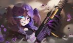  1girl absurdres assault_rifle black_sweater blue_eyes braid fang glowing glowing_eye gun head_wings heterochromia highres looking_at_viewer nijisanji nijisanji_en open_mouth portrait purple_hair rifle selen_tatsuki skin_fang solo strawfanta sweater twin_braids violet_eyes virtual_youtuber weapon 