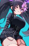  1girl ;) aqua_background bangs belt black_hair blush breasts copyright_request dress gothic highres large_breasts long_hair multicolored_hair ogu_(oguogu0523) one_eye_closed parted_lips purple_hair smile solo striped_sleeves tagme twintails two-tone_hair violet_eyes virtual_youtuber 