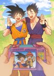  1other 2boys ^_^ absurdres age_comparison black_hair blue_sky camera closed_eyes dougi dragon_ball dragon_ball_z father_and_son highres holding holding_camera male_focus multiple_boys nachos_(chos_na) open_mouth outdoors pov pov_hands sky smile son_gohan son_goku taking_picture wristband 
