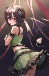  1girl absurdres antenna_hair armband back bangs black_background black_hair blush breasts choker crossed_arms demon_horns demon_tail demon_wings dot_nose fang frilled_choker frilled_skirt frills green_shirt green_skirt hair_between_eyes hair_ornament hd_(sw4189101) highres horns idolmaster idolmaster_million_live! idolmaster_million_live!_theater_days kikuchi_makoto looking_at_viewer parted_lips red_ribbon ribbon shirt short_hair sidelocks skirt sleeveless sleeveless_shirt small_breasts solo tail thighs violet_eyes wings 