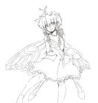  1girl antennae blush butterfly_wings dress eternity_larva fairy feet_out_of_frame greyscale hair_between_eyes highres igunamureido leaf leaf_on_head monochrome open_mouth short_hair short_sleeves simple_background smile solo touhou white_background wings 
