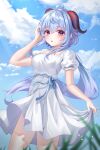  1girl absurdres ahoge bangs blue_hair blue_sky breasts clouds day dress ganyu_(genshin_impact) genshin_impact highres horns long_hair looking_at_viewer low_ponytail medium_breasts outdoors parted_lips sidelocks sky solo standing sunlight violet_eyes white_dress zuu_1028 