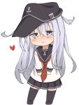  1girl anchor_symbol black_headwear black_legwear black_sailor_collar black_skirt blue_eyes chibi commentary_request flat_cap full_body hat hibiki_(kancolle) kantai_collection kuuru_(kuuru-n) long_hair looking_at_viewer neckerchief pleated_skirt red_neckerchief sailor_collar sailor_shirt school_uniform serafuku shirt simple_background skirt solo standing thigh-highs white_background white_hair 