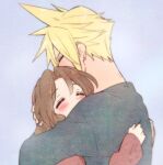  1boy 1girl aerith_gainsborough alternate_costume arms_around_back arms_around_neck bangs blonde_hair blue_background blush brown_hair brown_shirt closed_eyes cloud_strife earrings final_fantasy final_fantasy_vii final_fantasy_vii_remake grey_shirt hair_between_eyes hair_down holding_another&#039;s_head hug jewelry krudears long_sleeves parted_bangs shirt single_earring spiky_hair upper_body 