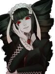  1girl bangs black_hair bonnet celestia_ludenberg claw_ring danganronpa:_trigger_happy_havoc danganronpa_(series) drill_hair frills gothic_lolita grey_background hair_ornament highres jacket jewelry lolita_fashion long_hair long_sleeves looking_at_viewer nail_polish necktie red_eyes red_necktie simple_background smile solo tekase_(hmus162) twin_drills twintails upper_body 