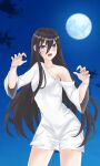  bare_shoulders black_eyes black_hair breasts dress highres lewd_chan long_hair looking_at_viewer off_shoulder simple_background small_breasts smile very_long_hair white_dress 
