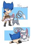  1boy 1girl bangs blue_eyes blue_hair blunt_bangs boots brown_bag brown_vest cat chibi closed_eyes closed_mouth coin_(pokemon) commentary_request dated facial_mark glameow highres kono2noko long_hair outline pokemon pokemon_(creature) pokemon_(game) pokemon_dppt pokemon_legends:_arceus pokemon_on_back purugly saturn_(pokemon) skirt standing team_galactic vest 
