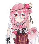  1girl bangs brown_eyes clothing_cutout dress flower glasses hair_flower hair_ornament highres looking_at_viewer nijisanji nijisanji_en niwatari_(xtgydl) open_hand pink_flower pink_hair pink_rose plant red_dress red_flower red_rose rose rosemi_lovelock round_eyewear short_sidetail shoulder_cutout smile solo thorns vines virtual_youtuber white_flower white_rose 