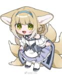  1girl :d animal_ears arknights baiwei_er_hao_ji bare_shoulders black_bag black_footwear black_vest blonde_hair blue_dress braid chibi clothing_cutout dress fox_ears fox_girl fox_tail frilled_dress frills full_body green_eyes grey_hair kitsune long_hair long_sleeves looking_at_viewer lowres multicolored_hair multiple_tails open_mouth oripathy_lesion_(arknights) pantyhose pouch shoes shoulder_cutout smile solo standing streaked_hair suzuran_(arknights) tail two-tone_dress vest weibo_logo weibo_username white_dress white_pantyhose 