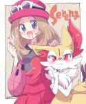 1girl :d blush border braixen brown_hair character_name collared_shirt commentary_request eromame eyewear_on_headwear grey_eyes hands_up happy hat headpat heart high-waist_skirt long_hair looking_at_viewer nintendo open_mouth pink_headwear pokemon pokemon_(creature) pokemon_(game) pokemon_xy red_skirt serena_(pokemon) shirt skirt sleeveless sleeveless_shirt smile sunglasses white-framed_eyewear white_border
