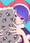  1girl bangs blue_background closed_mouth doremy_sweet e_sdss hat highres holding looking_at_viewer nightcap pillow purple_hair red_headwear short_hair simple_background solo tapir_print touhou upper_body violet_eyes 