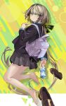  1girl backpack bag bangs barefoot bottle brown_hair full_body green_eyes highres long_hair long_sleeves looking_at_viewer nik_ibi open_mouth original pleated_skirt school_uniform shoes shoes_removed skirt solo very_long_hair water_bottle 