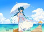  1girl bangs basket bianca_(black_survival) black_survival blue_hair clouds day ddollydonut dress feet_out_of_frame gloves hairband halter_dress halterneck holding holding_umbrella horizon long_hair looking_at_viewer low_twintails ocean red_eyes sky sleeveless sleeveless_dress solo standing sundress twintails umbrella water white_dress white_gloves white_hairband white_umbrella wind 
