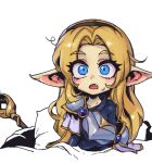  1girl alternate_ears alternate_form armor bangs blonde_hair blue_eyes brown_hairband collarbone fang hairband league_of_legends long_hair lux_(league_of_legends) open_mouth parted_bangs phantom_ix_row pillow pointy_ears shoulder_armor simple_background solo white_background 
