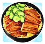  commentary_request cucumber food food_focus frying_pan highres no_humans noodles ooranokohaku original ribs_(food) simple_background still_life 