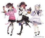  2016 3girls adjusting_eyewear akakura animal_ears arm_up asymmetrical_legwear bangs black_footwear black_skirt brown_hair cake clenched_teeth closed_mouth company_name copyright drawstring dress food full_body garter_straps glasses hand_up hat heterochromia holding holding_spoon holding_tray hololive houshou_marine ice_cream long_hair long_sleeves looking_at_viewer low_twintails multiple_girls murasaki_shion official_art open_mouth pink_sweater pleated_skirt ponytail red_eyes redhead roboco-san see-through see-through_dress simple_background skirt sleeves_past_wrists smile spoon sweater tail teeth thigh-highs top_hat tray twintails virtual_youtuber white_background white_hair yellow_eyes 