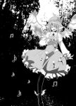  1girl animal_ears beamed_eighth_notes bird_ears bird_wings blush closed_eyes dress eighth_note fingernails frilled_dress frilled_sleeves frills full_body greyscale hair_between_eyes long_fingernails long_sleeves monochrome musical_note mystia_lorelei open_mouth rindou_matsuri sharp_fingernails shoes short_hair sixteenth_note smile solo touhou winged_footwear winged_hat wings 