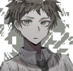  1boy brown_hair chinese_commentary collared_shirt commentary_request danganronpa_(series) danganronpa_2:_goodbye_despair green_eyes green_necktie hinata_hajime male_focus multicolored_background necktie open_mouth portrait shirt short_hair slit_pupils solo white_shirt xiaoxiannuweijiang 